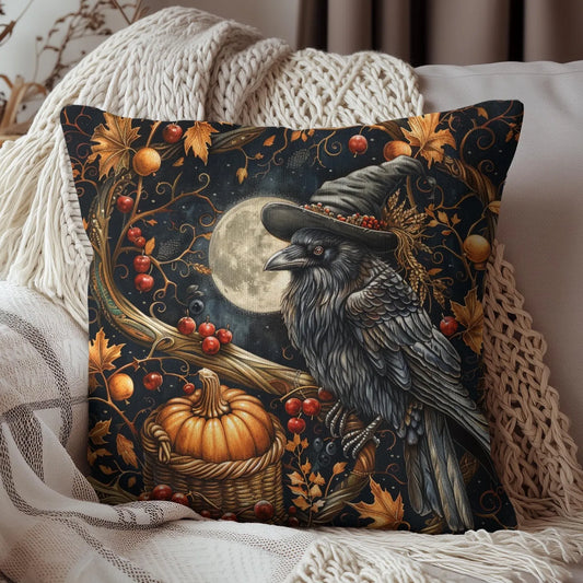 Mystical Pillow, Halloween Decor, Witch Raven Pumpkin Square Pillow, William Morris Inspired, Spun Polyester Cushion, Home Decor