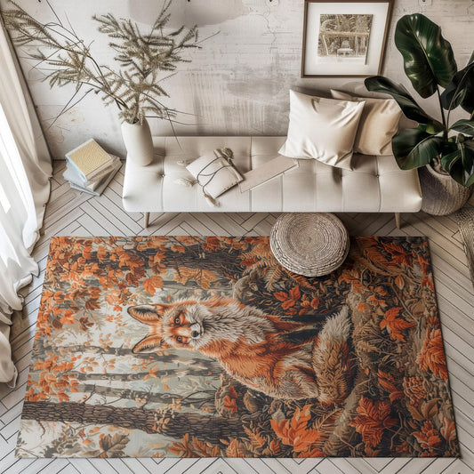 Fox Fall Autumn William Morris Inspired Area Rug, Cottagecore Living Room Carpet, Housewarming Gift, Fall Room Decor, Rectangle Rug