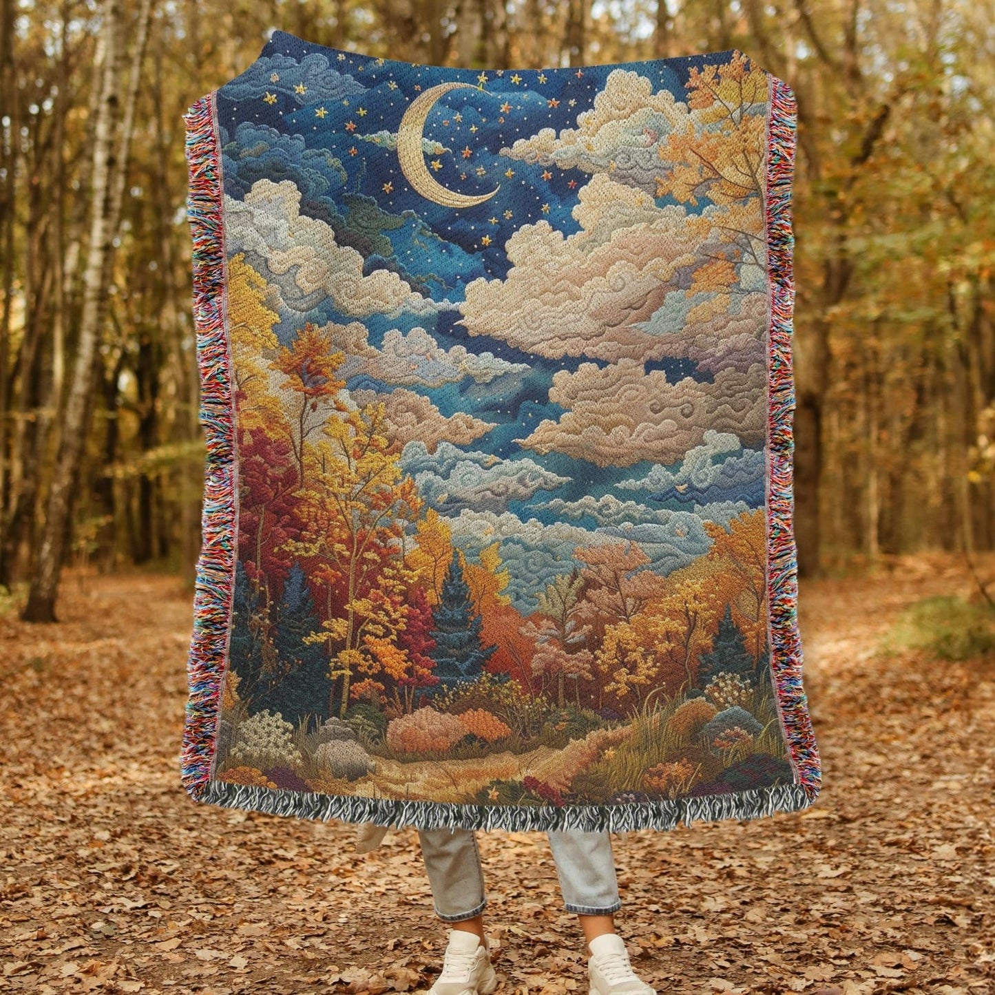 Autumn Sky Cloud Fall Scene Woven Blanket, Fall Cozy Home Decor, William Morris Inspired Cotton Blanket