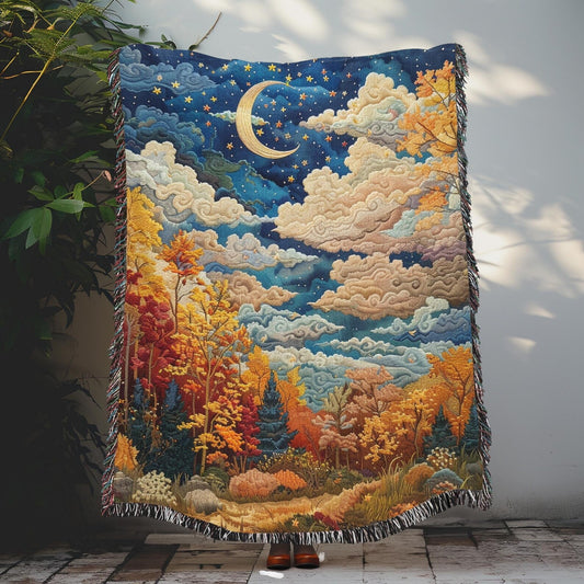 Autumn Sky Cloud Fall Scene Woven Blanket, Fall Cozy Home Decor, William Morris Inspired Cotton Blanket