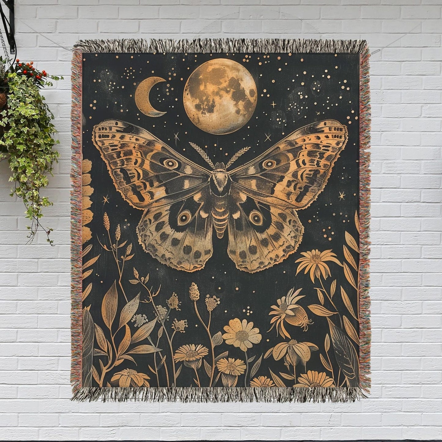 William Morris Inspired Night Moth Art Nouveau Woven Blankets, Cozy Home Decor Cotton Blanket