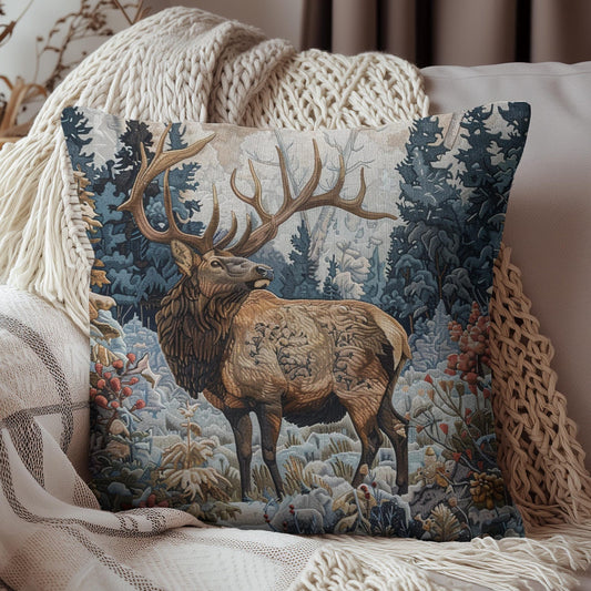 Art Nouveau Elk Frosted Pines Winter Blooms William Morris Inspired Medieval Tapestry Pillow