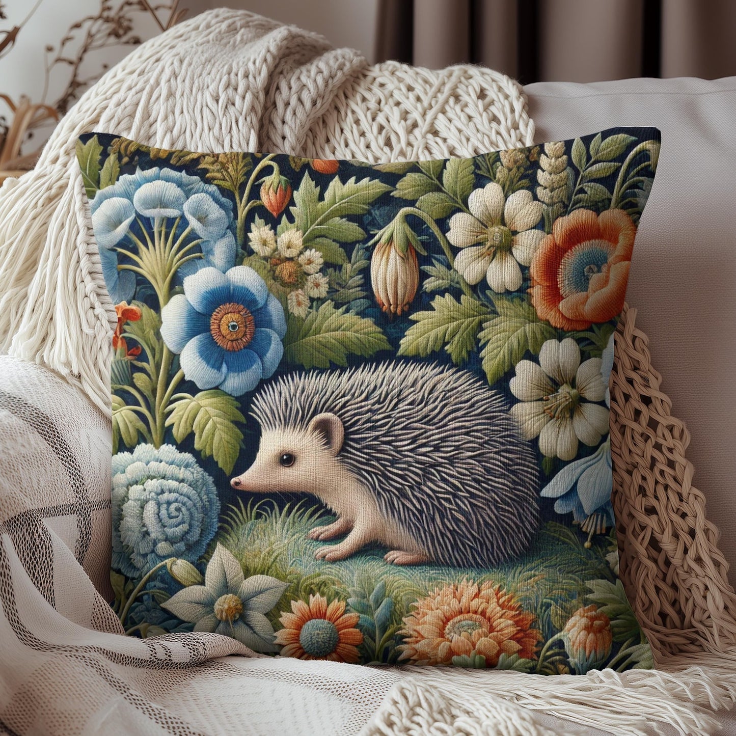 Hedgehog Square Pillow, William Morris Inspired Decorative Cushion, Botanical Home Decor Accent