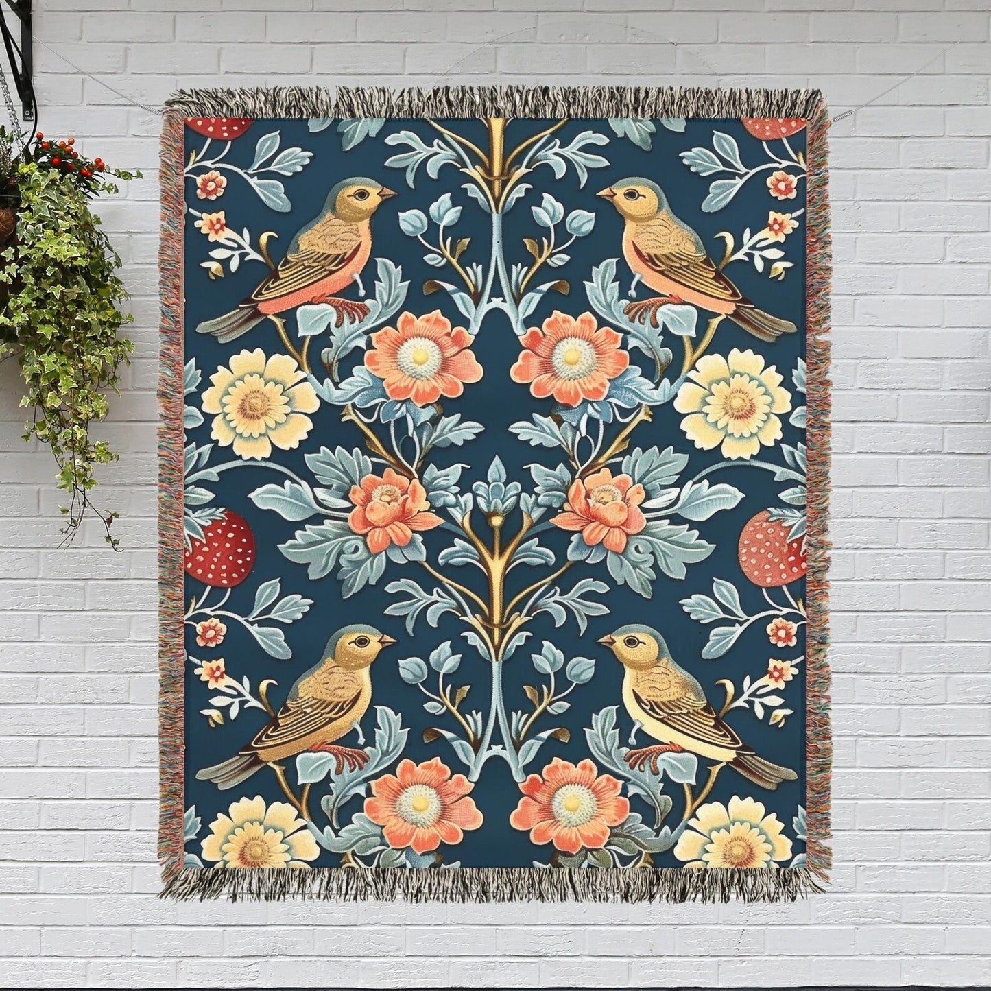 William Morris Inspired Bird Florals Pattern Art Nouveau Woven Blankets, Cozy Home Decor Jacquard Cotton Woven Blanket