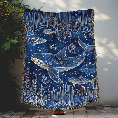 Indigo Ink Whale Shark Pattern Woven Blanket, Cozy Home Decor Jacquard Cotton Woven Blanket