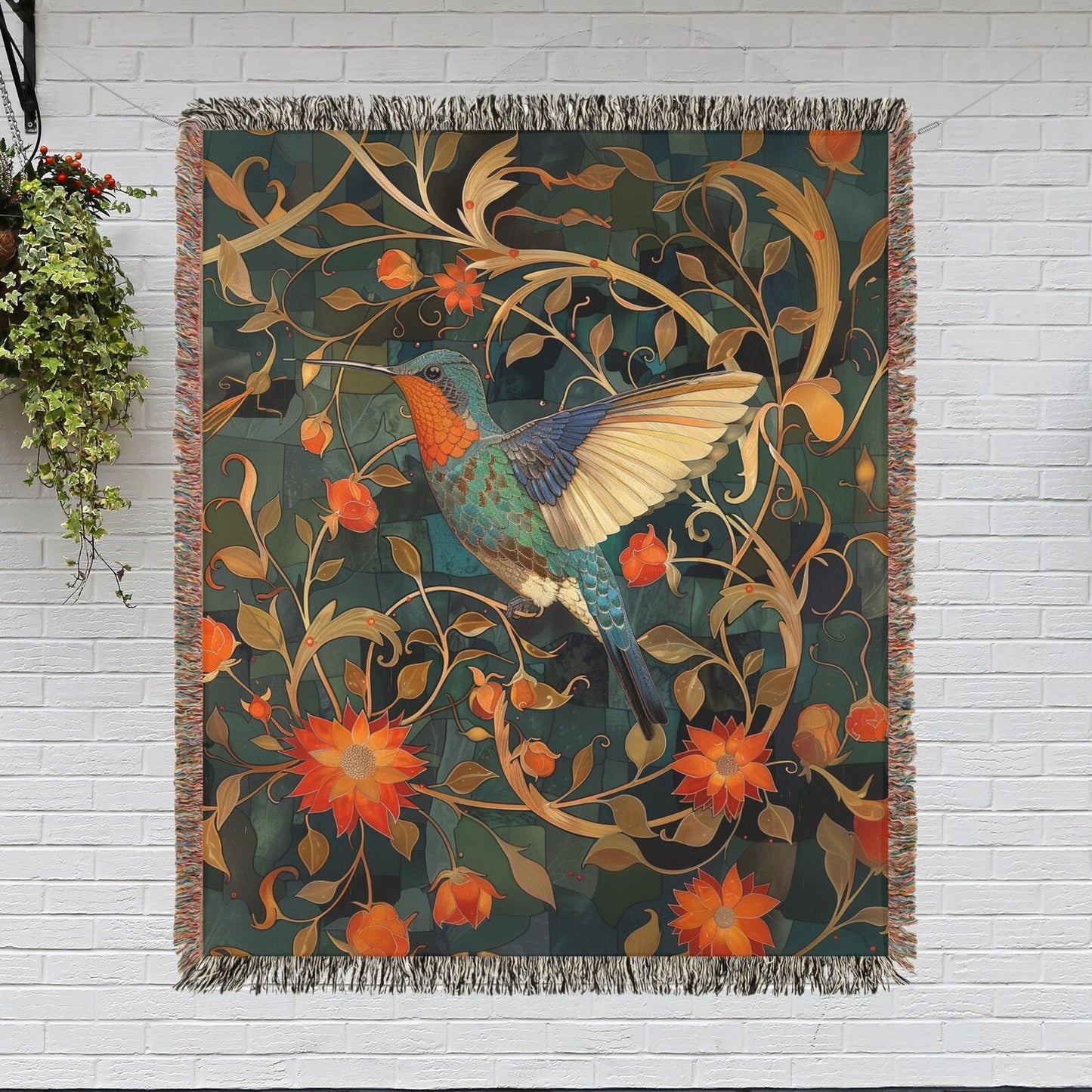 William Morris Inspired Hummingbird Art Nouveau Woven Blankets, Cozy Home Decor Jacquard Cotton Woven Blanket