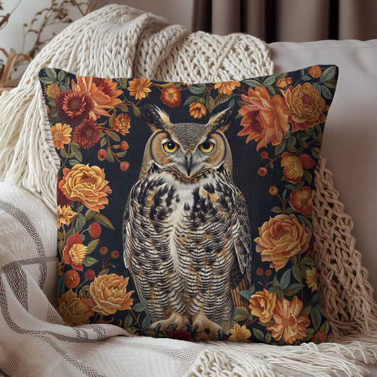 Fall Botanical Great Horned Pillow, Morris Inspired Cottage-core Pillow