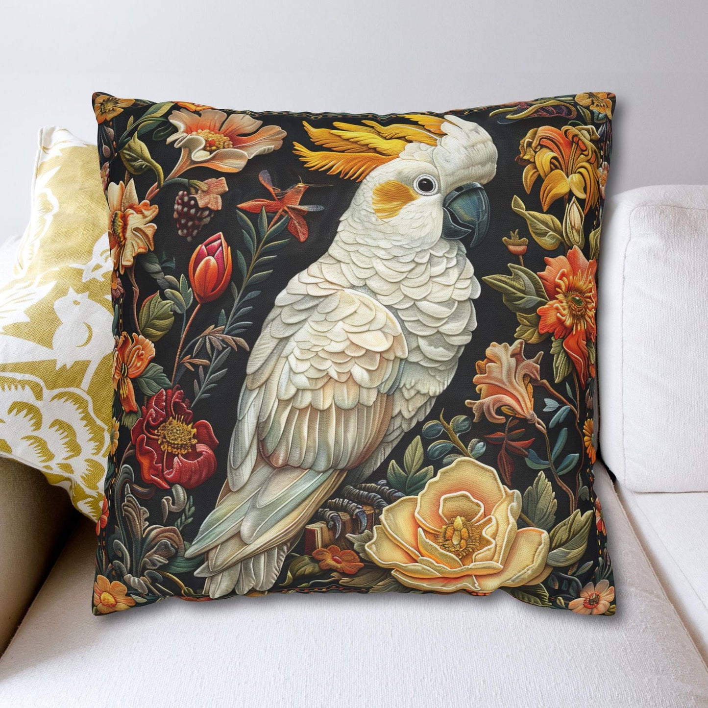 Art Deco Yellow-crested Cockatoo Fall Flowers Square Pillow, Home Decor Accent Cushion, Throw Pillow for Living Room Sofa, Decorative Pillow