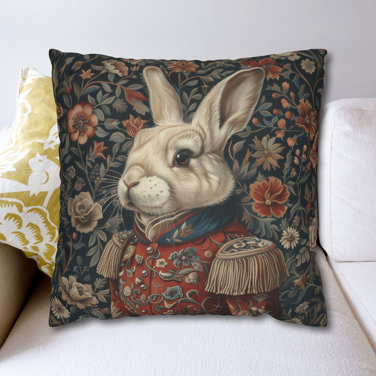 Christmas Nutcracker Rabbit Pillow: William Morris Inspired Holiday Decor
