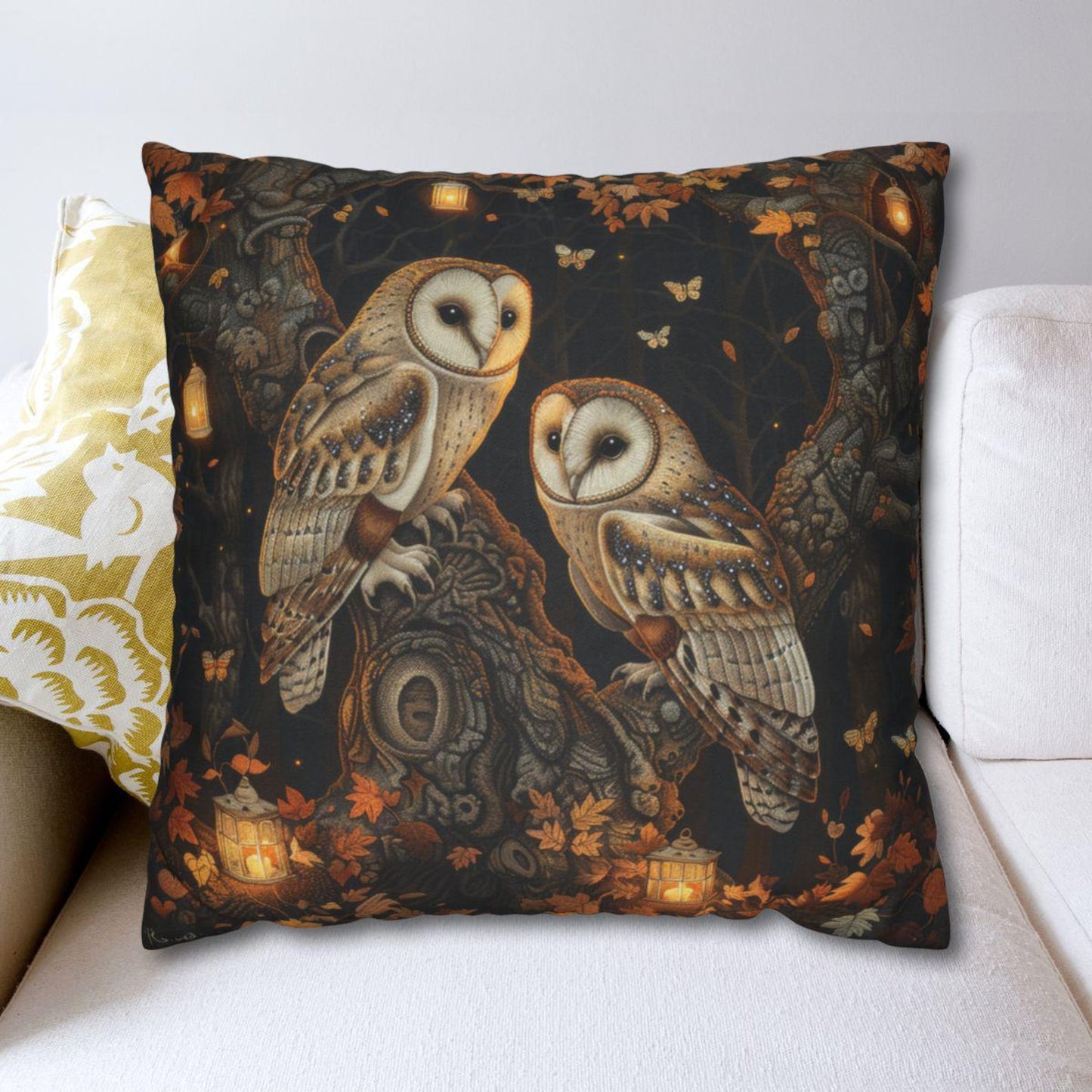 Enchanted Forest Owl Pillow, Decorative Fall Square Pillow, Home Accent, William Morris Inspired