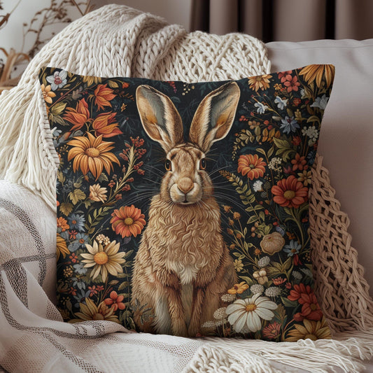 William Morris Inspired Adorable Hare With Winter Flowers Pillow, Home Decor, Throw Pillow, Accent Cushion, Cozy Pillow, Animal Lover Gift