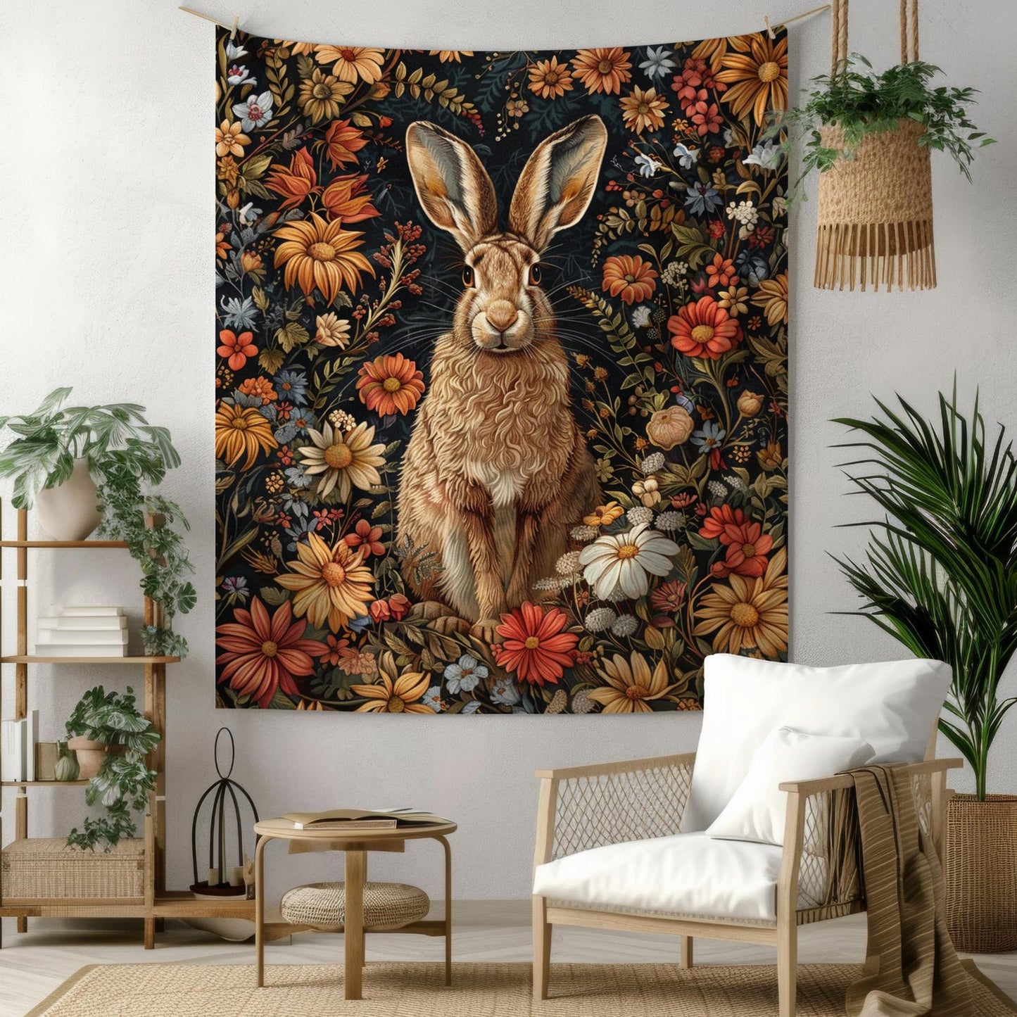 William Morris Inspired Brown Hare With Winter Flowers Indoor Wall Tapestries,