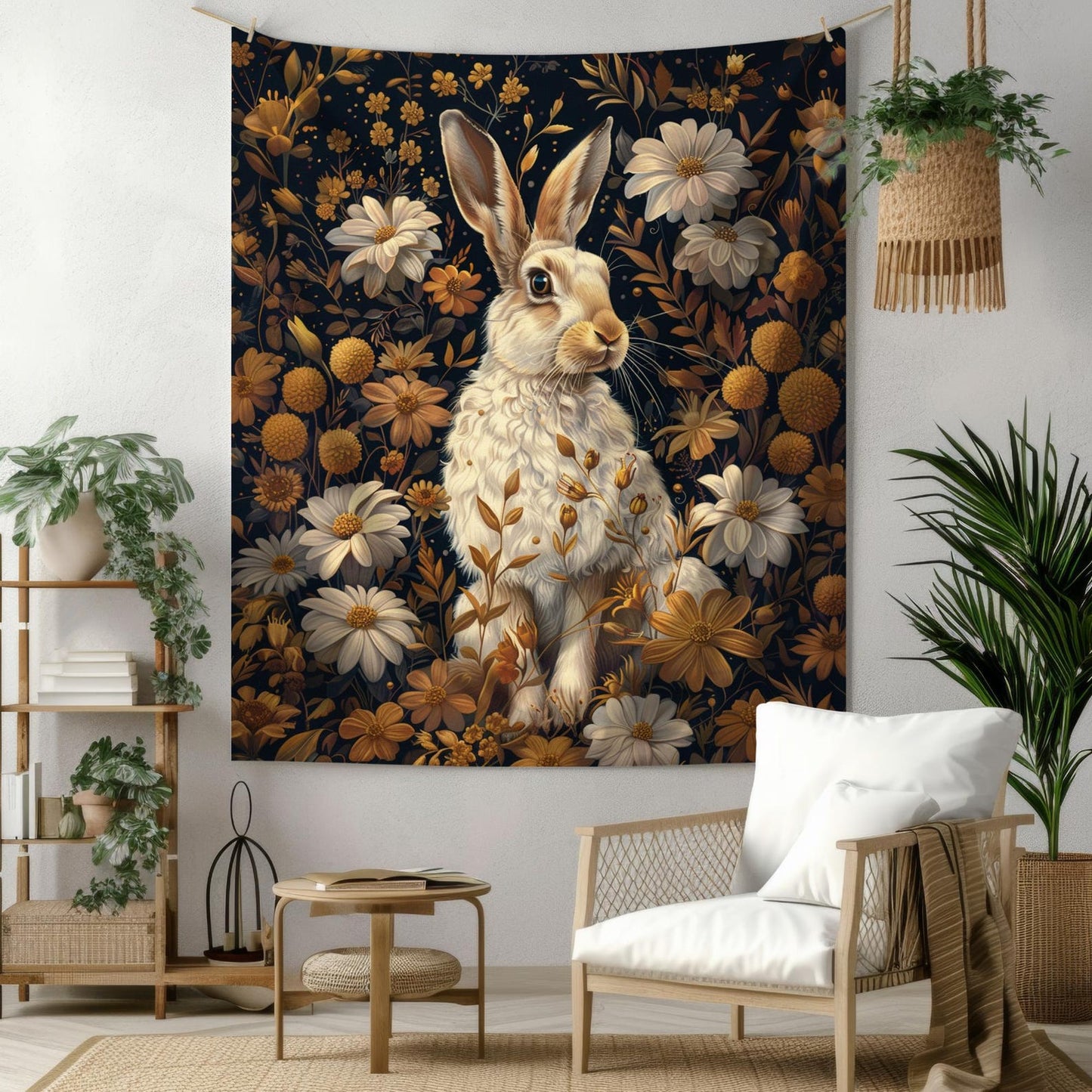 William Morris Inspired White Hare With Gold Winter Flowers Indoor Wall Tapestries, Cozy Home Decor