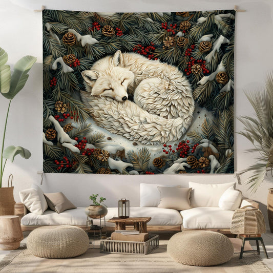 Tapestry of Art Deco Winter Arctic Fox, William Morris Inspired Decorative Indoor Wall Tapestries, Cozy Home Decor