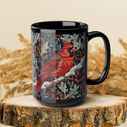 Red Cardinal Among Winter Florals Black Mug (11oz, 15oz)