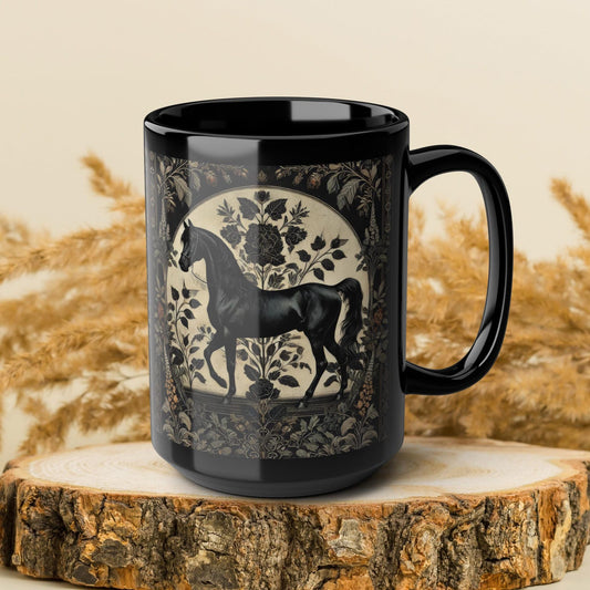 Botanicals Arabian Black Horse William Morris Inspired Black Coffee Cup 11oz, 15oz