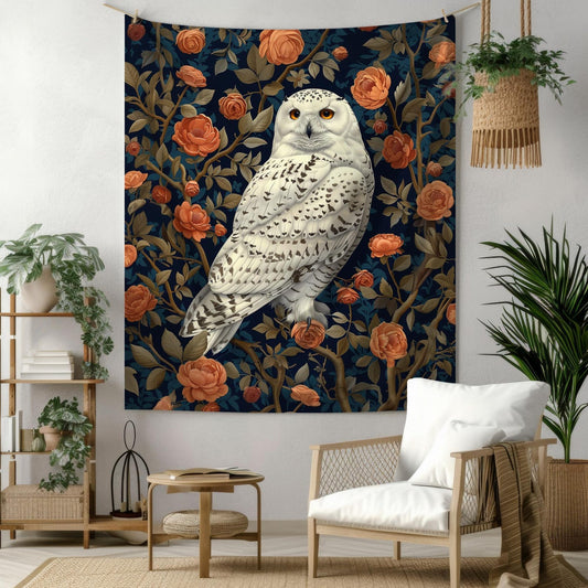 Tapestry of  Snowy Owl Roses Garden William Morris Inspired | Cottagecore Hanging and Home Decor