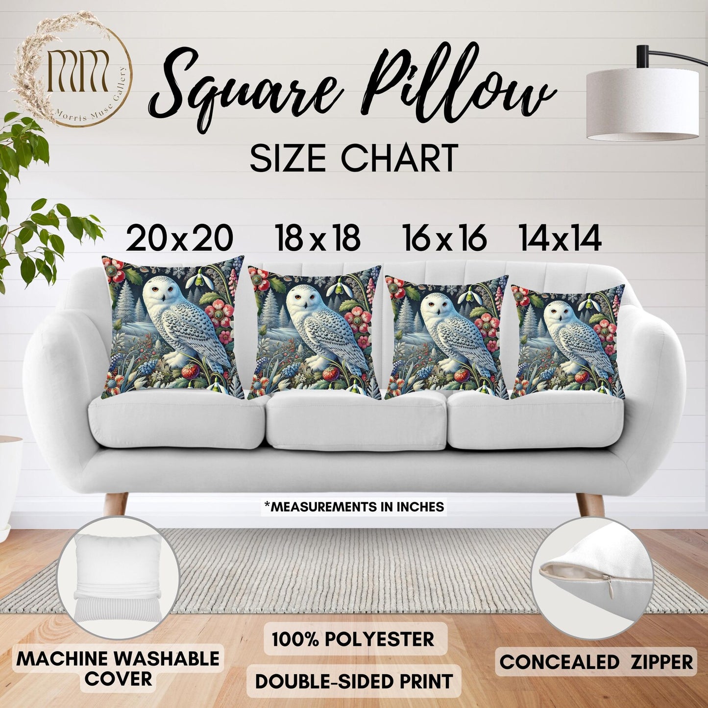 William Morris Inspired Woodland Snowy Owl Winter flowers Decorative Pillow