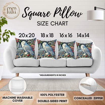William Morris Inspired Woodland Snowy Owl Winter flowers Decorative Pillow