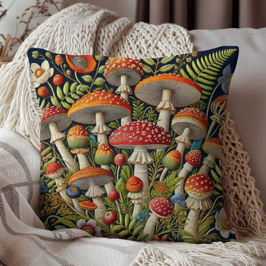 Mushroom Decorative Pillow: Faux Embroidered Botanical Design