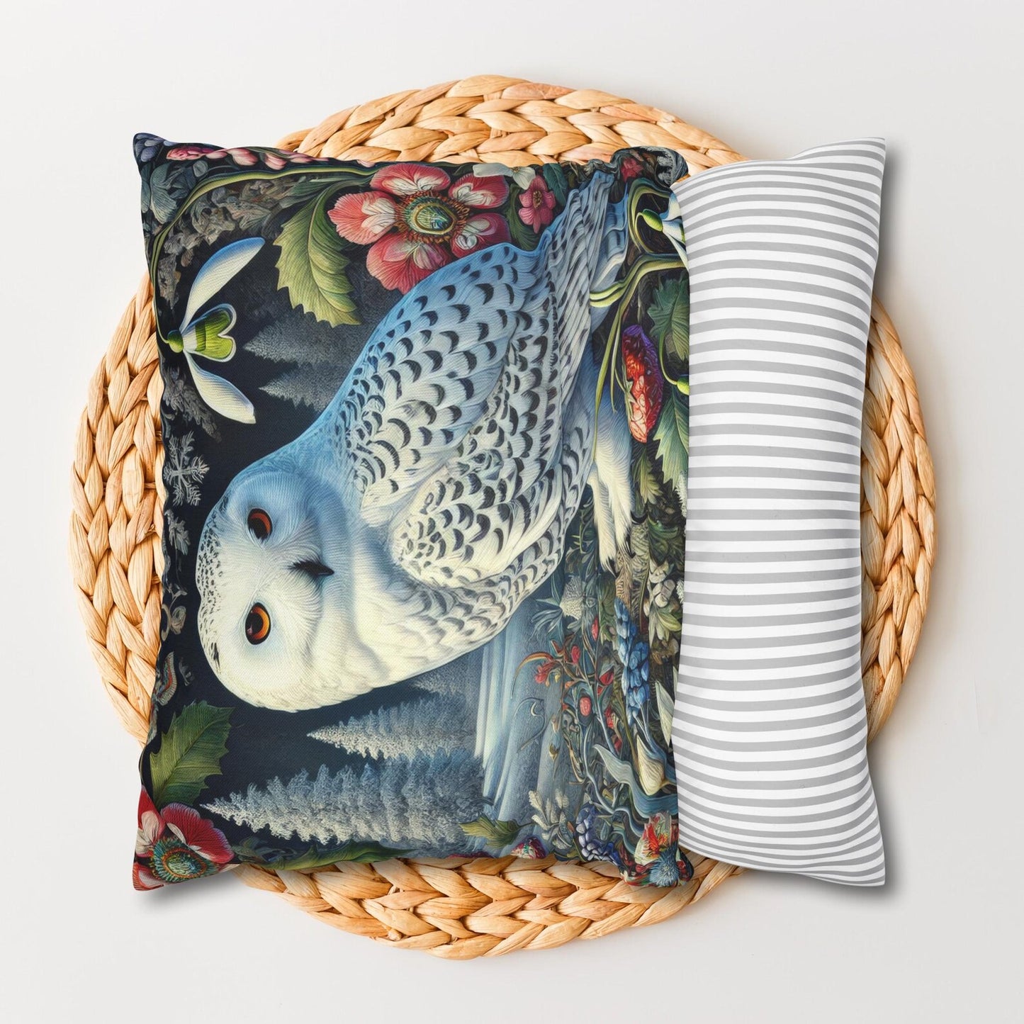 William Morris Inspired Woodland Snowy Owl Winter flowers Decorative Pillow