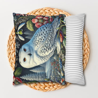 William Morris Inspired Woodland Snowy Owl Winter flowers Decorative Pillow