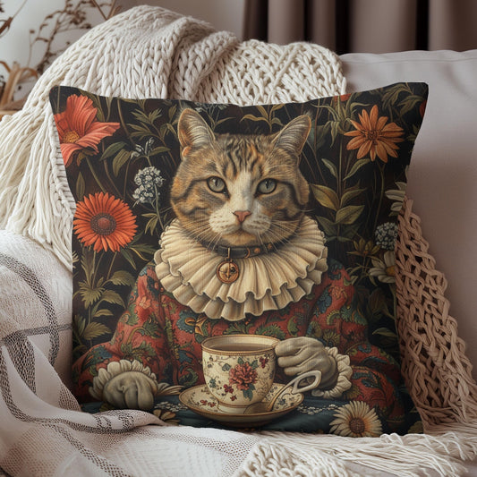 Victorian Style Portrait Of Rococo Cat, Tea Time in The Garden Decorative Pillow, Vintage Cozy Home Decor, Gift for Cat Lovers
