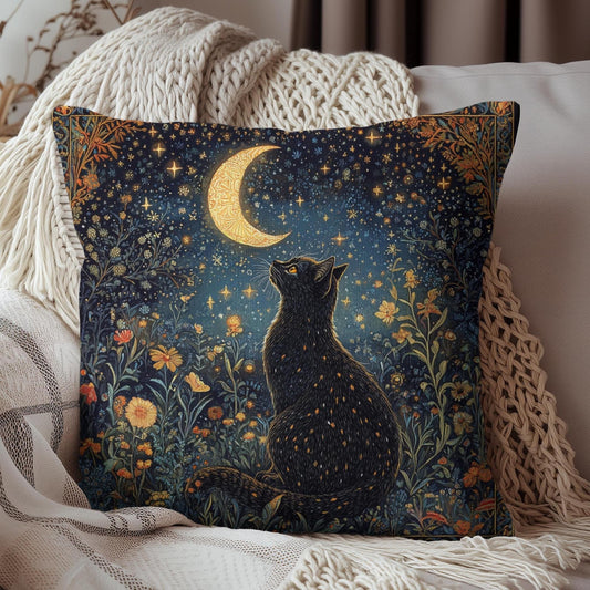Black Cat Whimsical Night Decorative Pillow William Morris Inspired | Cottage-core Pillow