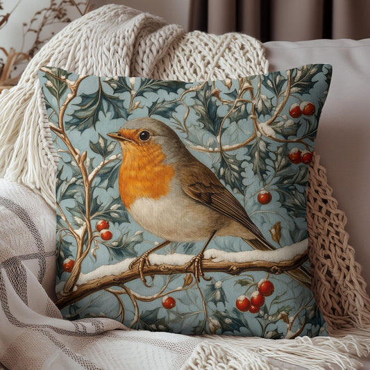 Robin Winter Berries Pillow: William Morris Inspired Home Decor