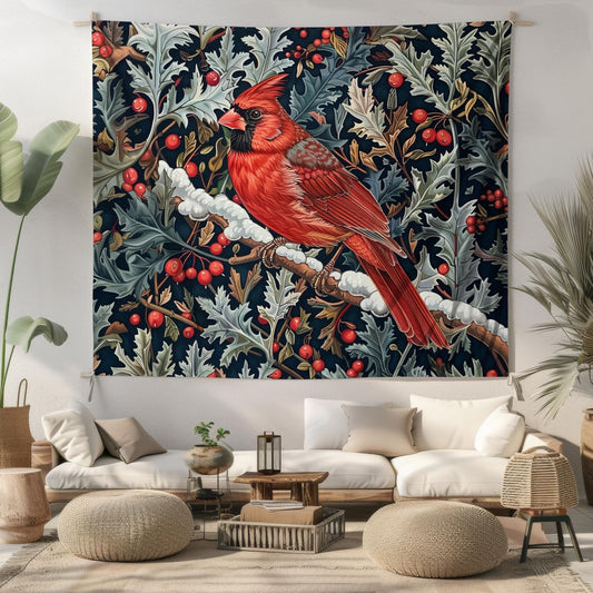 Tapestry of Red Cardinal Among Winter Florals William Morris Inspired Indoor Wall Tapestries, Cozy Home Decor, Cottagecore Wall hanging