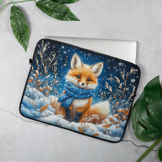 Winter Fox Laptop Sleeve, Cozy Woodland Snow Art Case, Cute Red Fox in Scarf Winter Laptop Cover (12”, 13”, 15”)