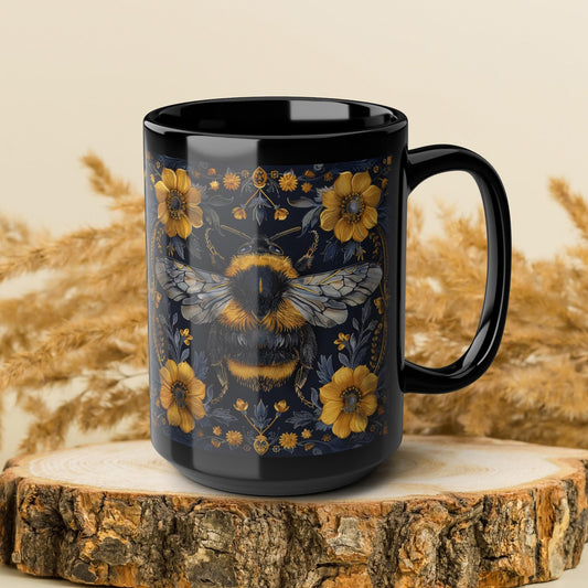 Bumblebee Gold Botanicals William Morris Inspired Black Coffee Mug For Her Him Ceramic Mug Black Mug 11oz, 15oz