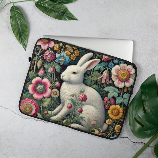 White rabbit Pastel Wildflower Laptop Sleeve, William Morris Design, Protective Case, Gift for Nature Lovers