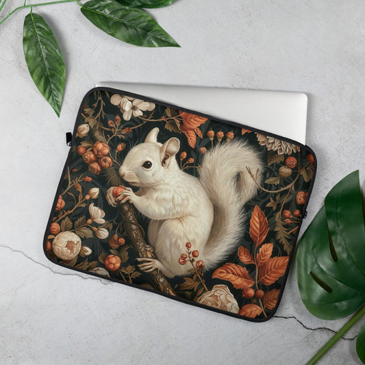 White Squirrel Laptop Sleeve, William Morris Inspired Autumn Forest Art Case, Vintage Botanical Laptop Cover (12”, 13”, 15”)