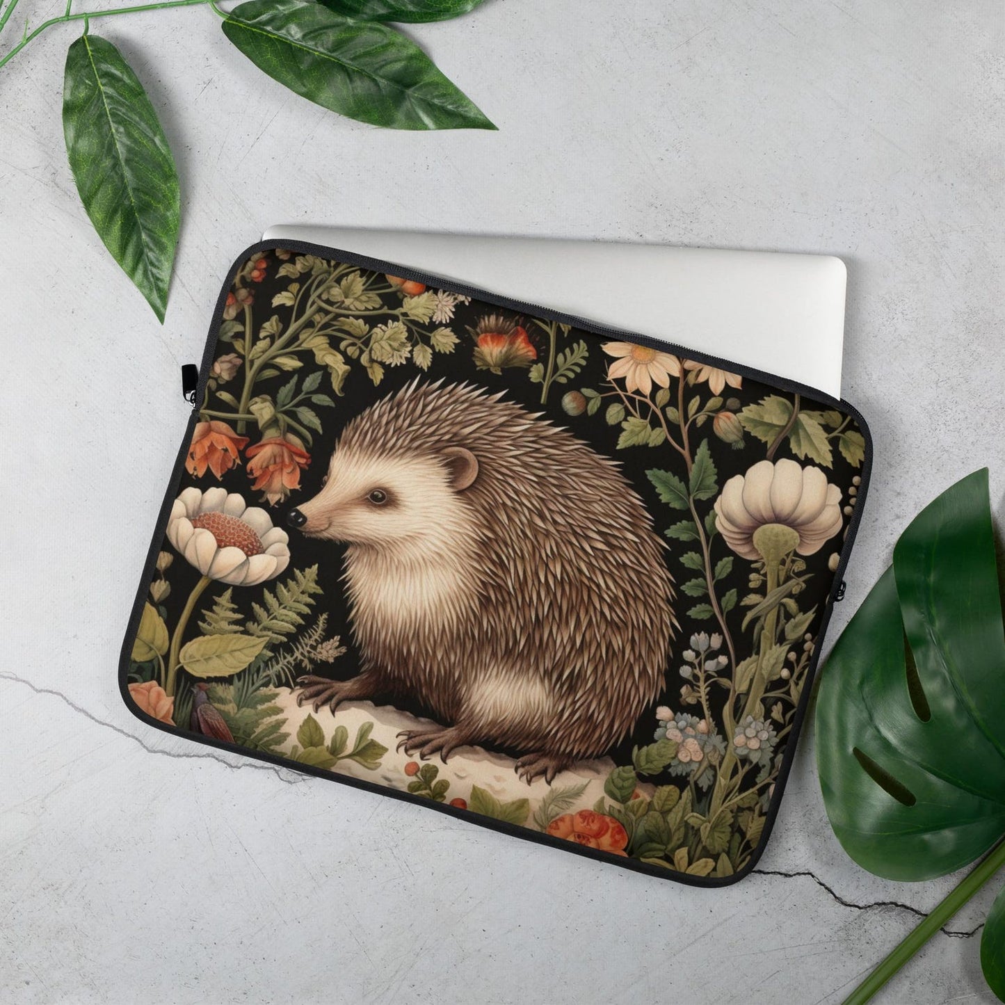 Hedgehog Laptop Sleeve, William Morris Inspired Woodland Floral Art Case, Cute Botanical Animal Laptop Cover (12”, 13”, 15”)