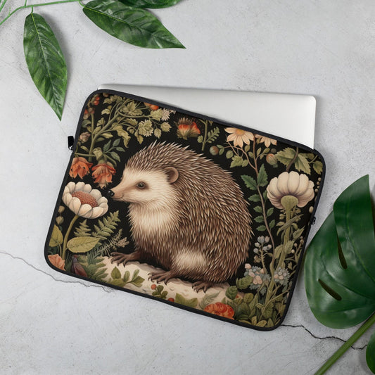 Hedgehog Laptop Sleeve, William Morris Inspired Woodland Floral Art Case, Cute Botanical Animal Laptop Cover (12”, 13”, 15”)