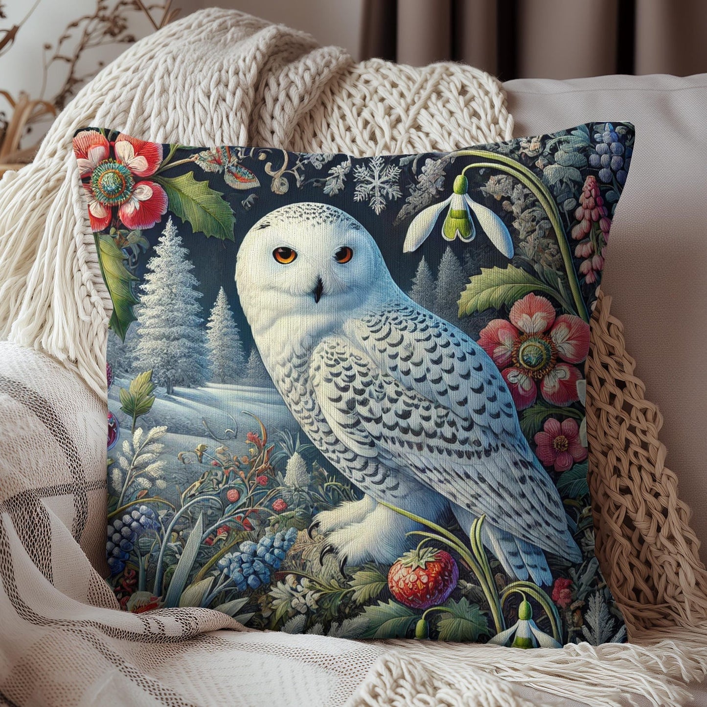 William Morris Inspired Woodland Snowy Owl Winter flowers Decorative Pillow