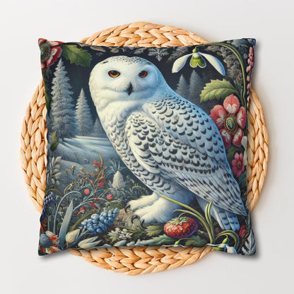 William Morris Inspired Woodland Snowy Owl Winter flowers Decorative Pillow