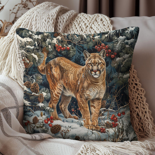 Winter Mountain Lion William Morris Inspired Decorative Pillow