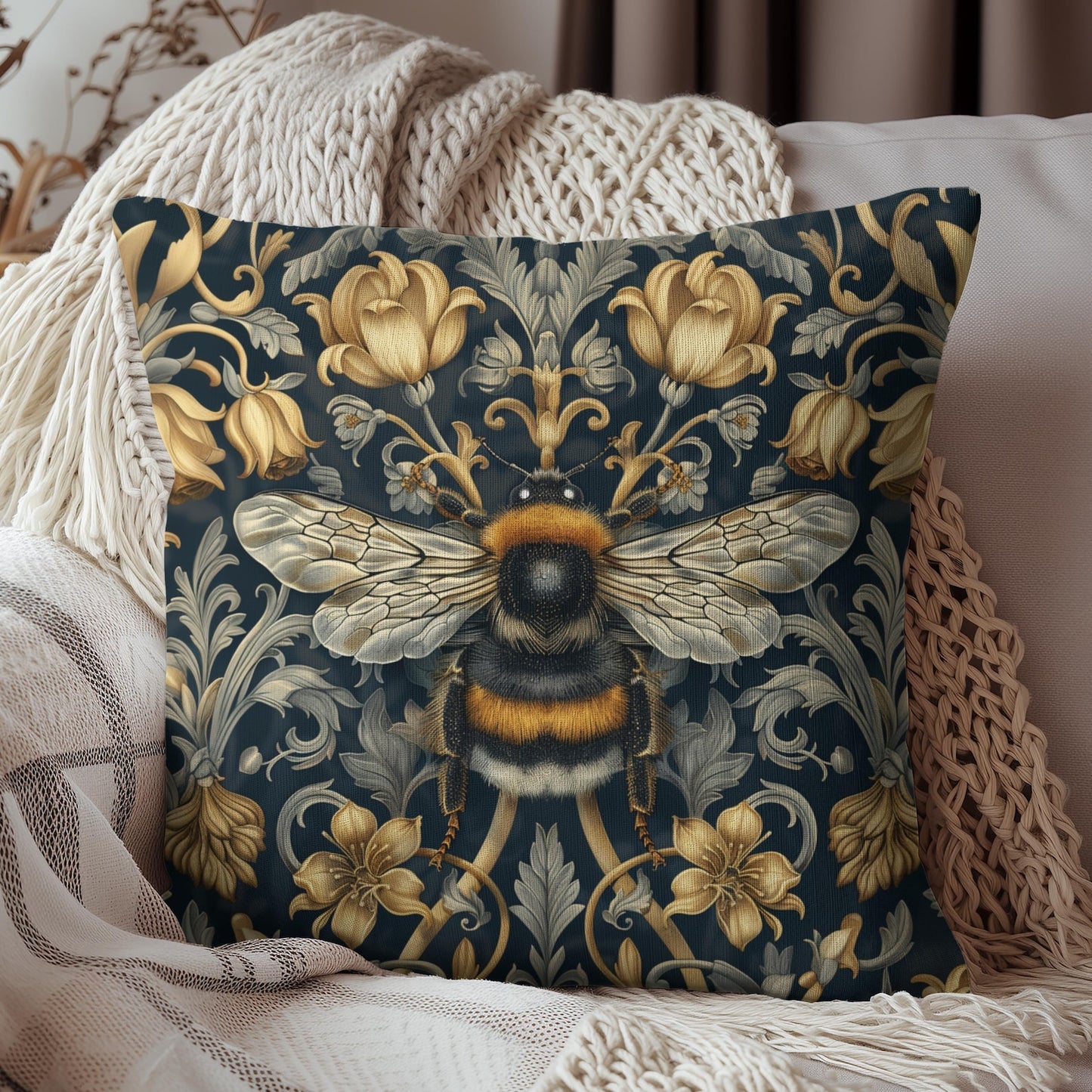 Victorian Art Inspired Bumblebee Baroque Gold Flora Pillow, Home Decor, Living Room Accessory Bedroom Pillow