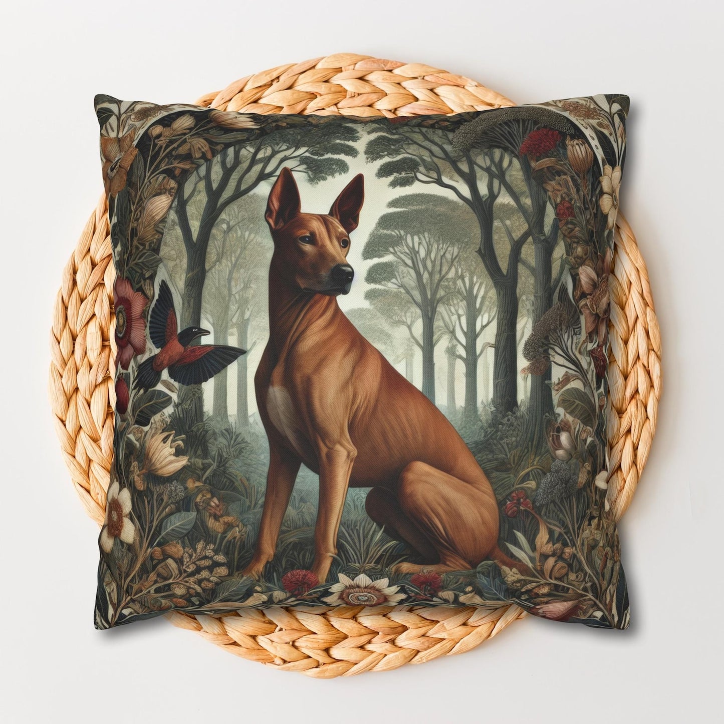 Brown Thai Ridgeback Dog Ornate Botanical Themed Forest William Morris Inspired Decorative Pillow