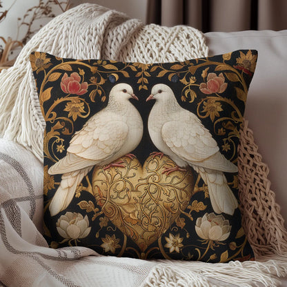 Victorian Ornate Lovebirds Pillow, Golden Heart Decorative Cushion, William Morris Inspired Home Decor, Dove Throw Pillow Cover, Elegant