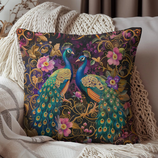 Peacocks Pink Florals Victorian Ornate Decorative Pillow, William Morris Inspired Home Decor Pillow