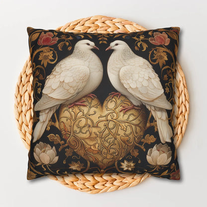 Victorian Ornate Lovebirds Pillow, Golden Heart Decorative Cushion, William Morris Inspired Home Decor, Dove Throw Pillow Cover, Elegant
