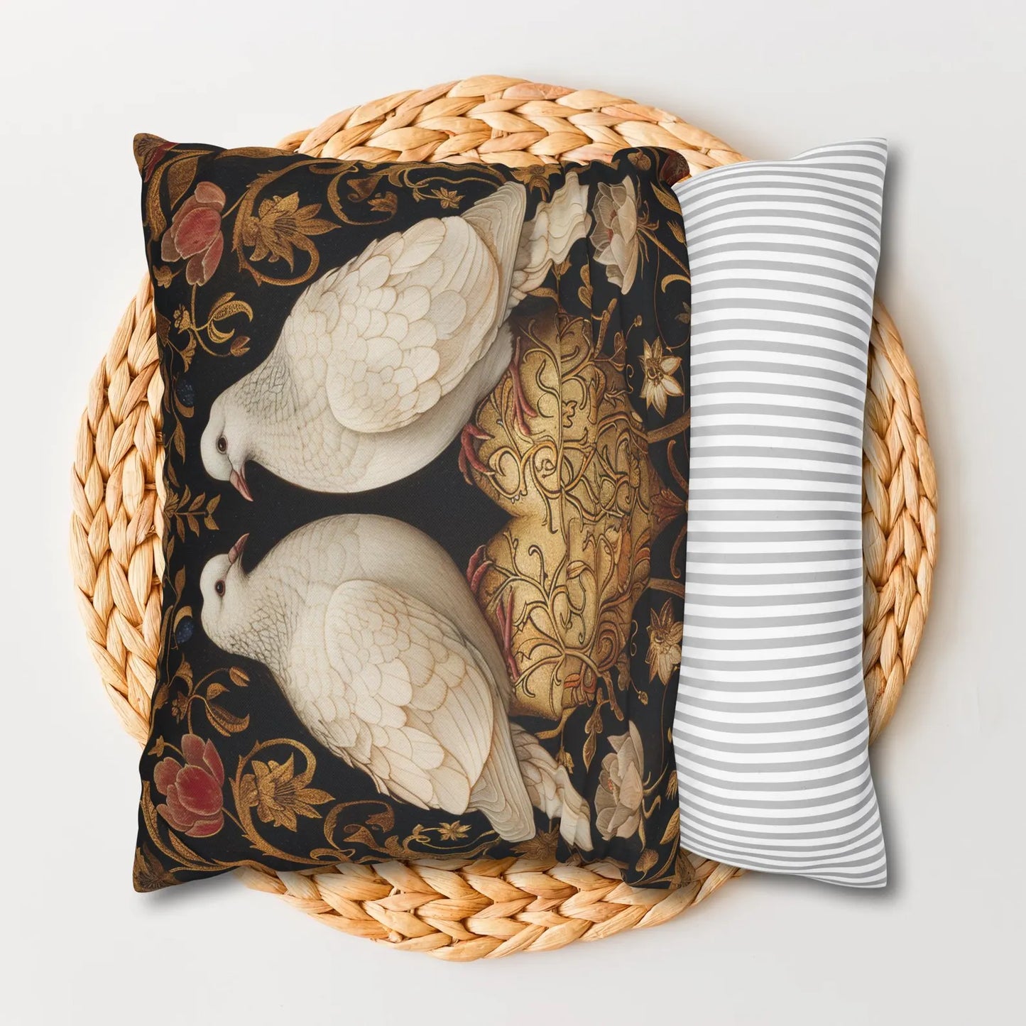 Victorian Ornate Lovebirds Pillow, Golden Heart Decorative Cushion, William Morris Inspired Home Decor, Dove Throw Pillow Cover, Elegant