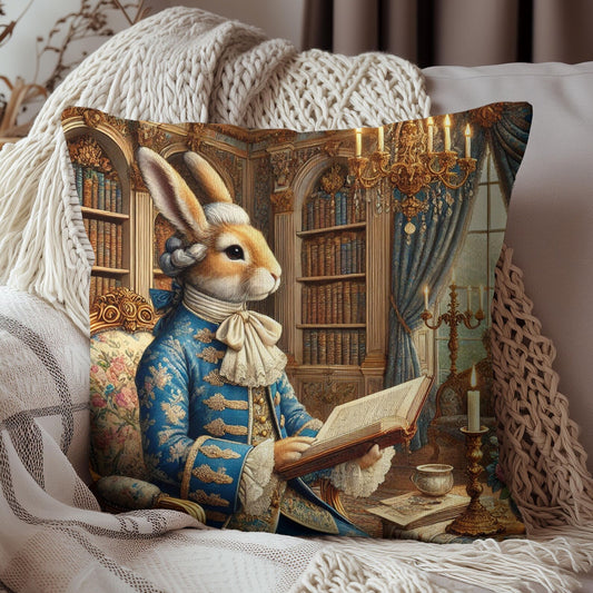 Victorian Rococo Bunny Pillow: Whimsical Blue Gold Accent Cushion