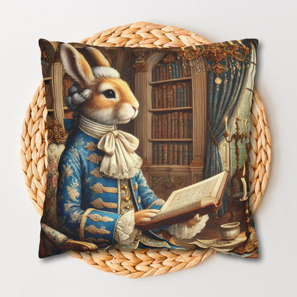 Victorian Rococo Bunny Pillow: Whimsical Blue Gold Accent Cushion