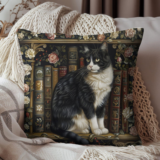 William Morris Inspired Tuxedo Cat Vintage Bookshelf Botanical Decorative Pillow