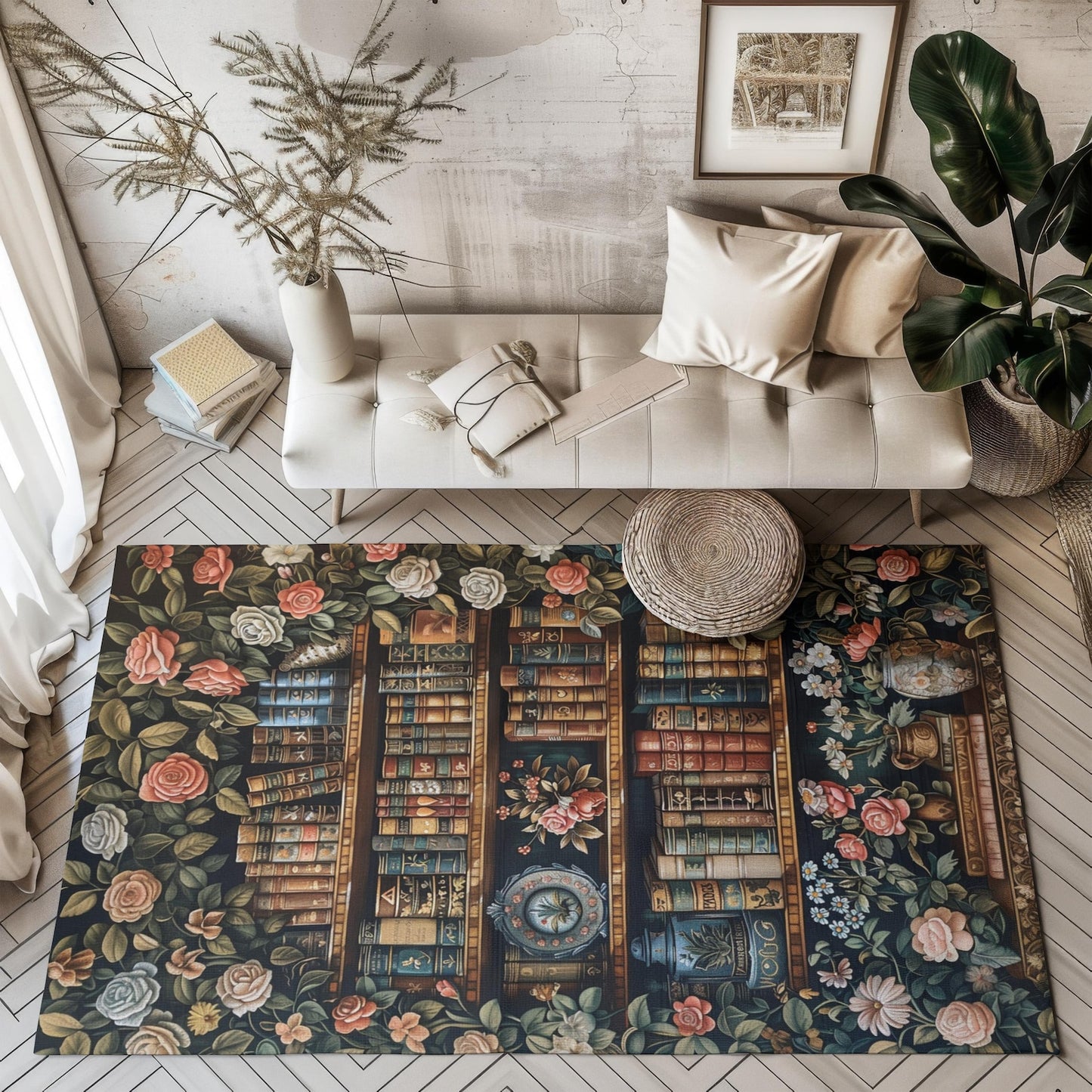 Floral Bookshelf Area Rug: William Morris Inspired, Cozy Decor