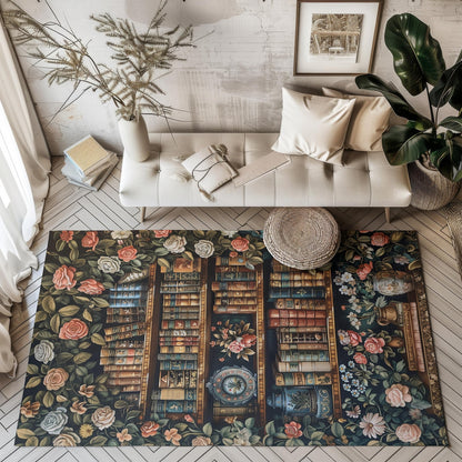 Floral Bookshelf Area Rug: William Morris Inspired, Cozy Decor